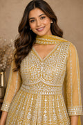 Yellow Embroidered Anarkali Kurta Set with Pleated Skirt & Organza Dupatta