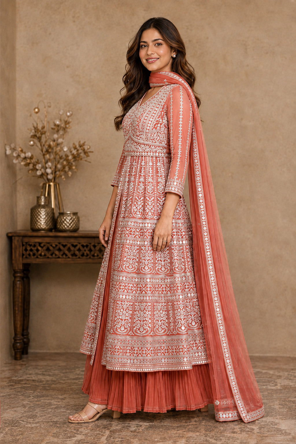 Terracotta Orange Embroidered Anarkali Kurta Set with Pleated Skirt & Organza Dupatta
