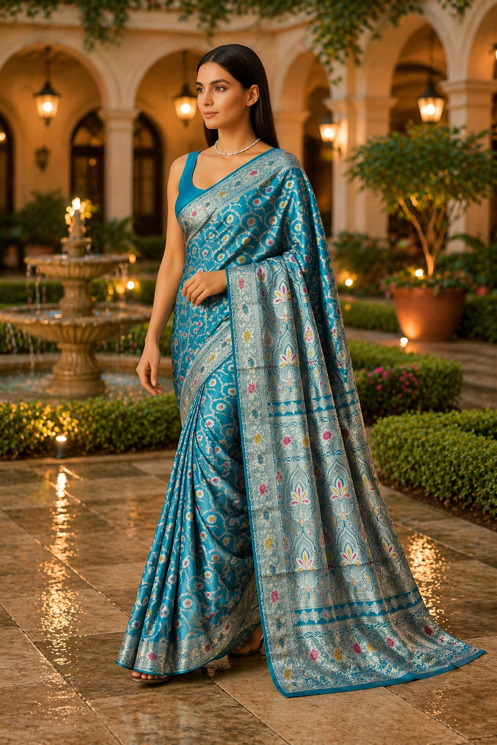 Teal Blue Minakari Banarasi Silk Saree