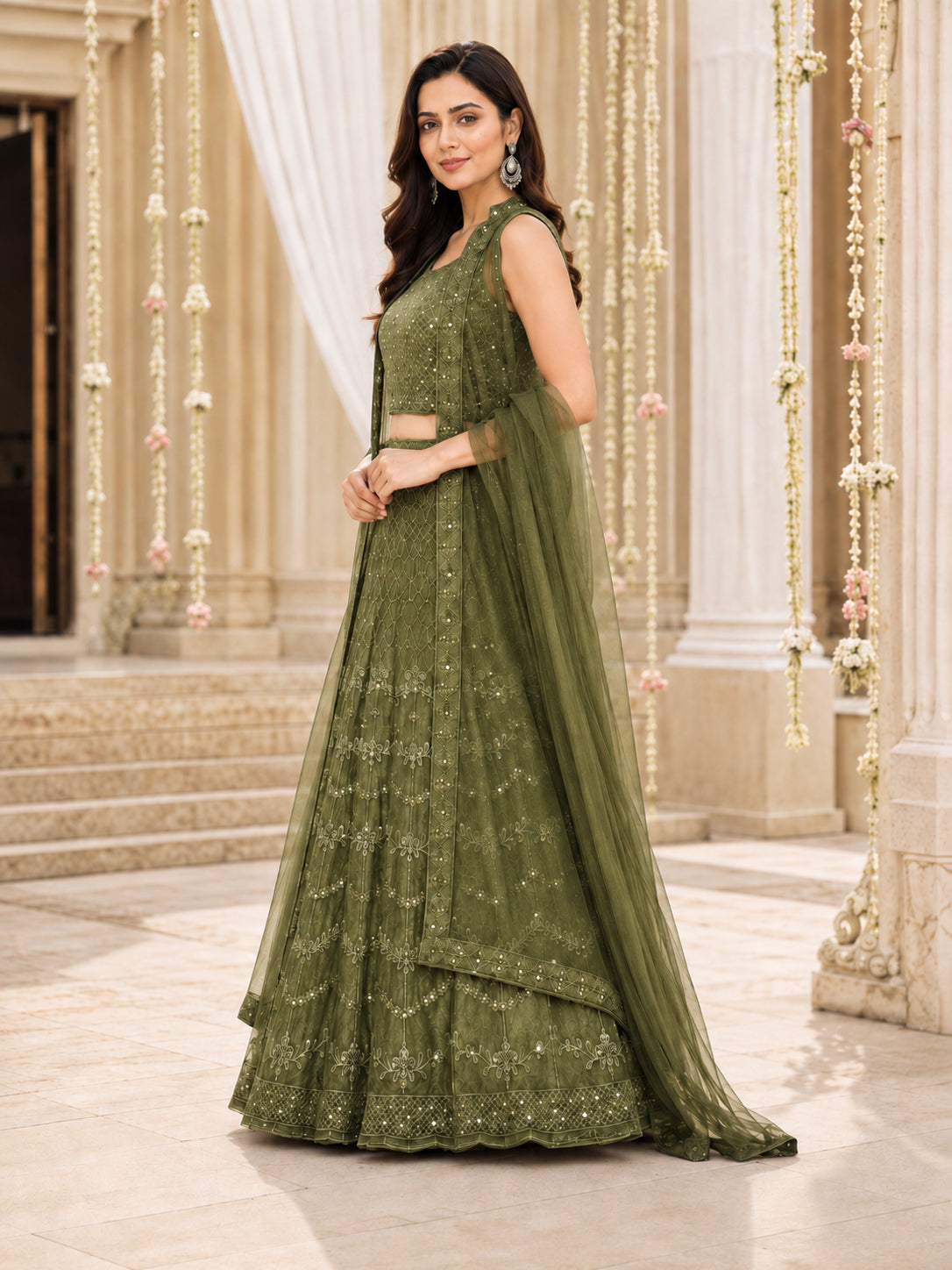 Green Embroidered Net Lehenga Choli Set with Dupatta