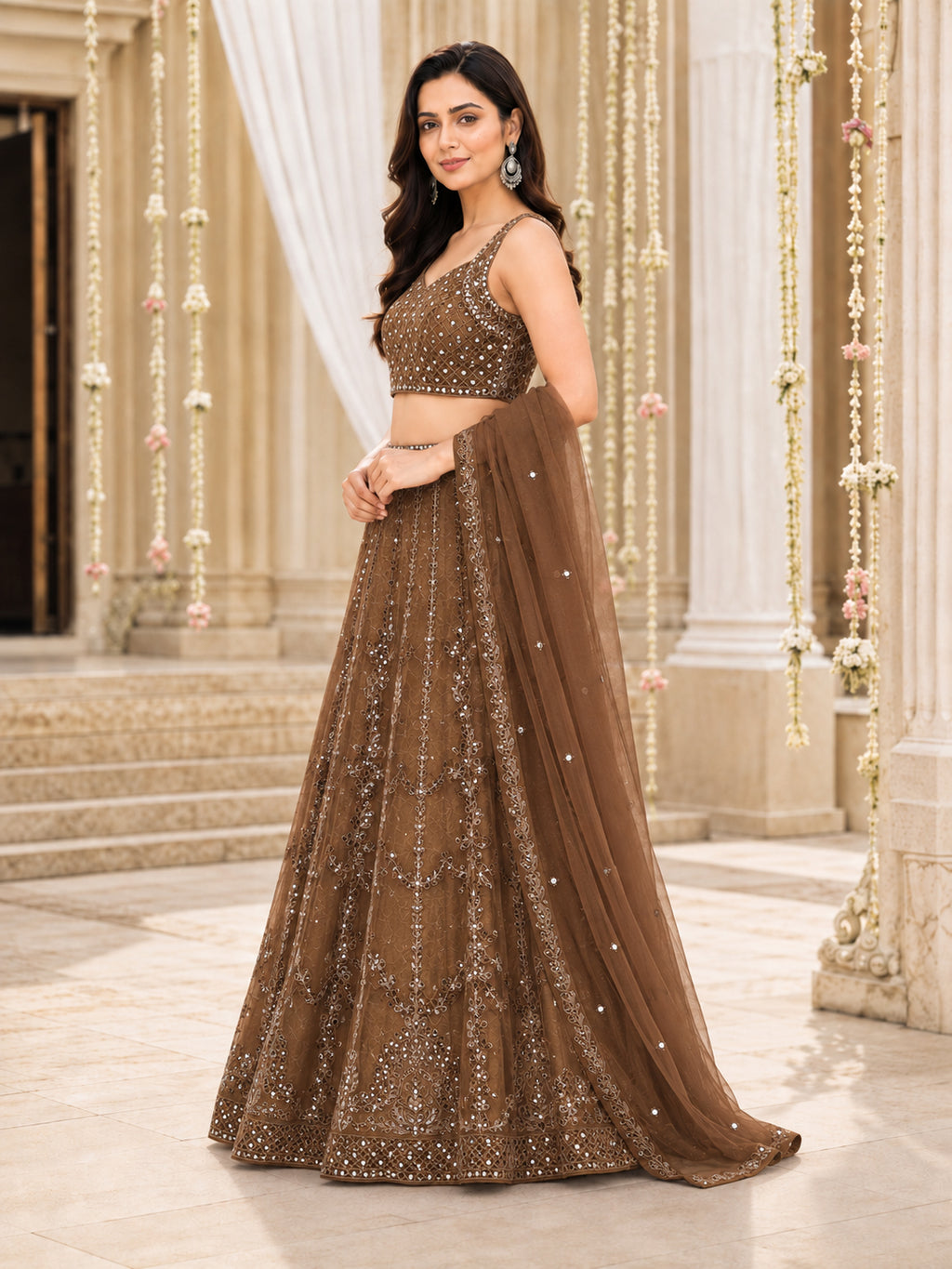 Brown Embroidered Net Lehenga Choli Set with Dupatta