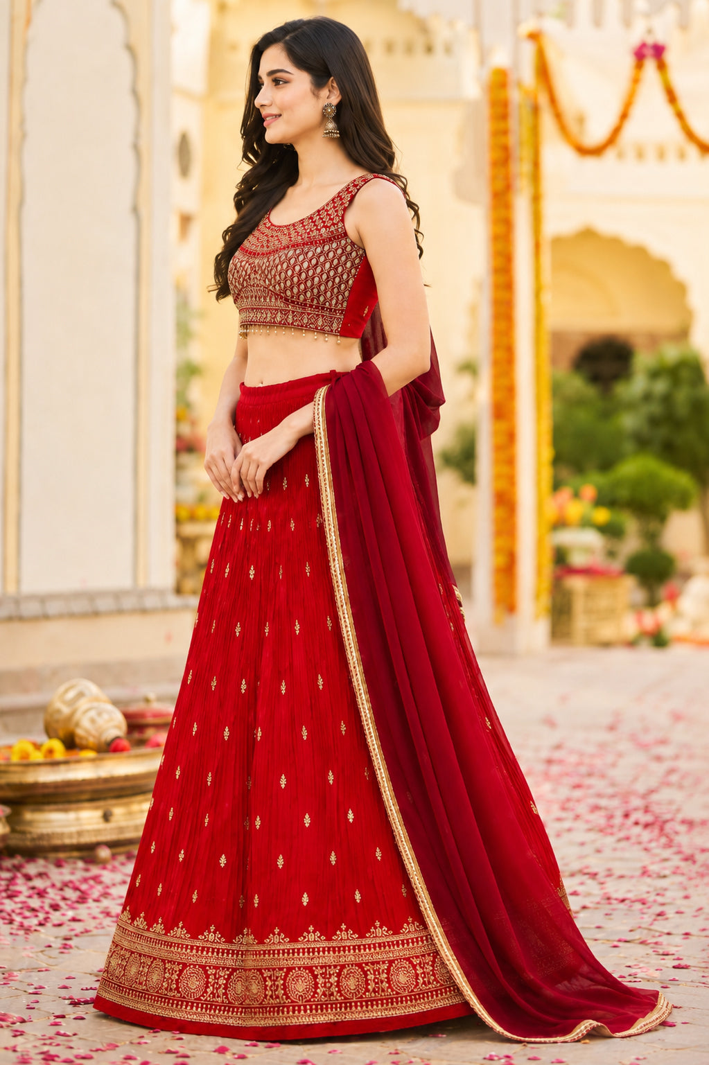 Red & Gold Embroidered Festive Lehenga Choli Set with Dupatta