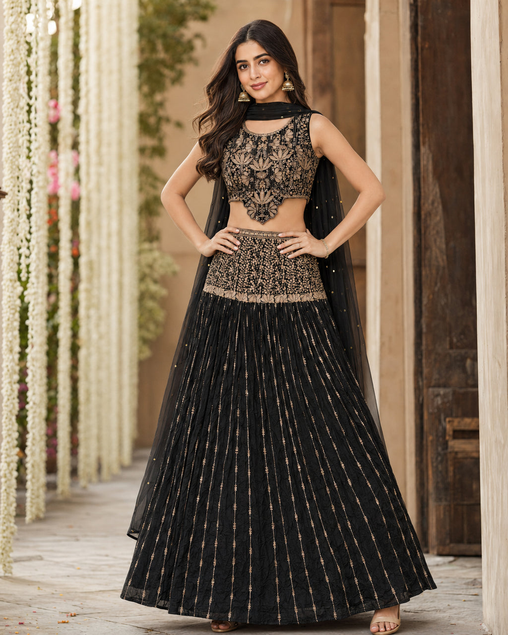 Black & Antique Gold Embellished Lehenga Choli with Dupatta -Large