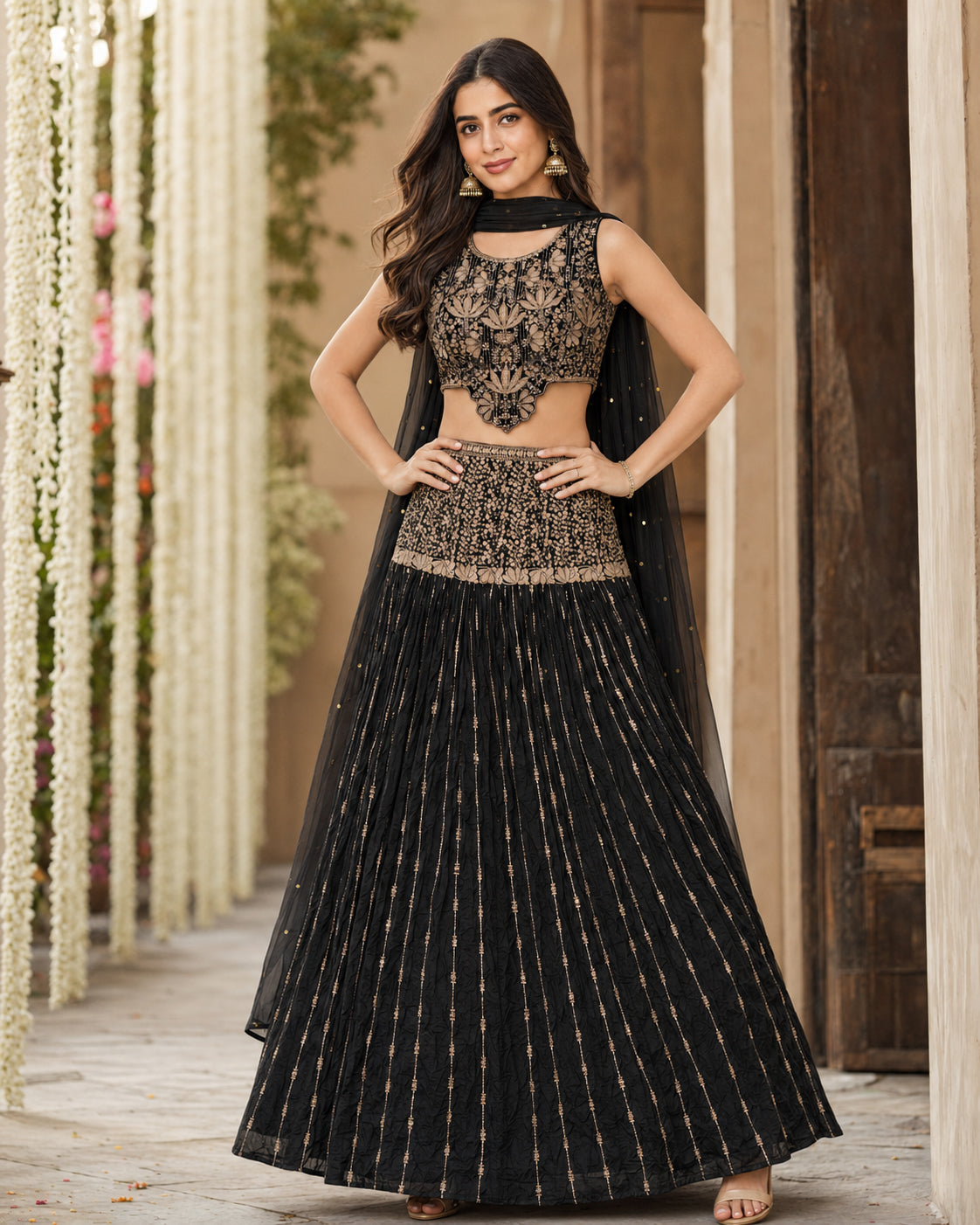 Black & Antique Gold Embellished Lehenga Choli with Dupatta -Large
