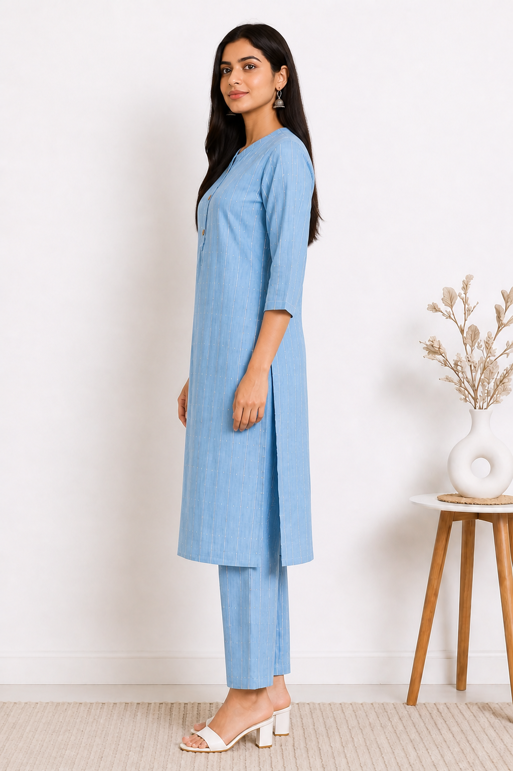 Women's Sky Blue Striped Kurta Pant Set