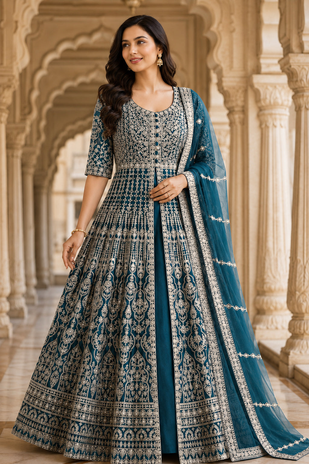Teal Gold Embroidered Anarkali Set with Dupatta