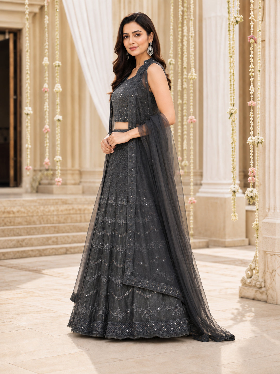 Charcoal Grey Embroidered Net Lehenga Choli Set with Dupatta