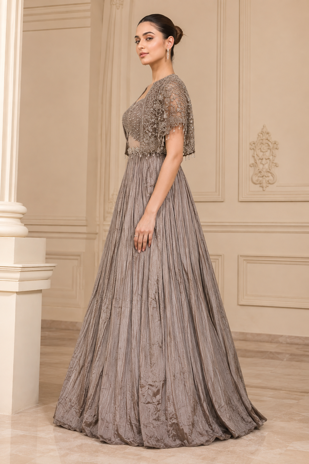 Taupe Grey Embellished Cape Style Party Gown