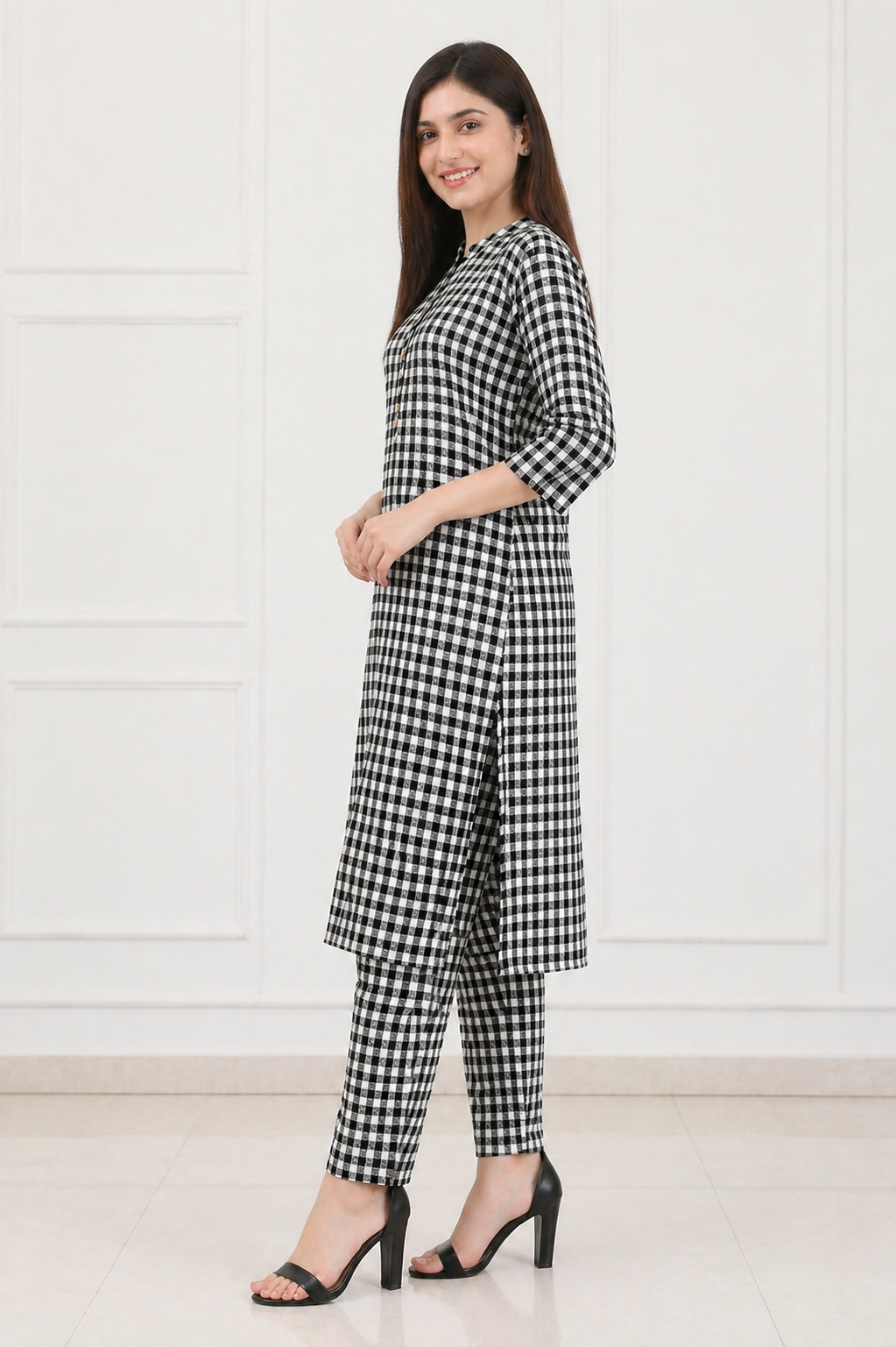 Women's Black & White Checked Kurta Pant Co-Ord Set