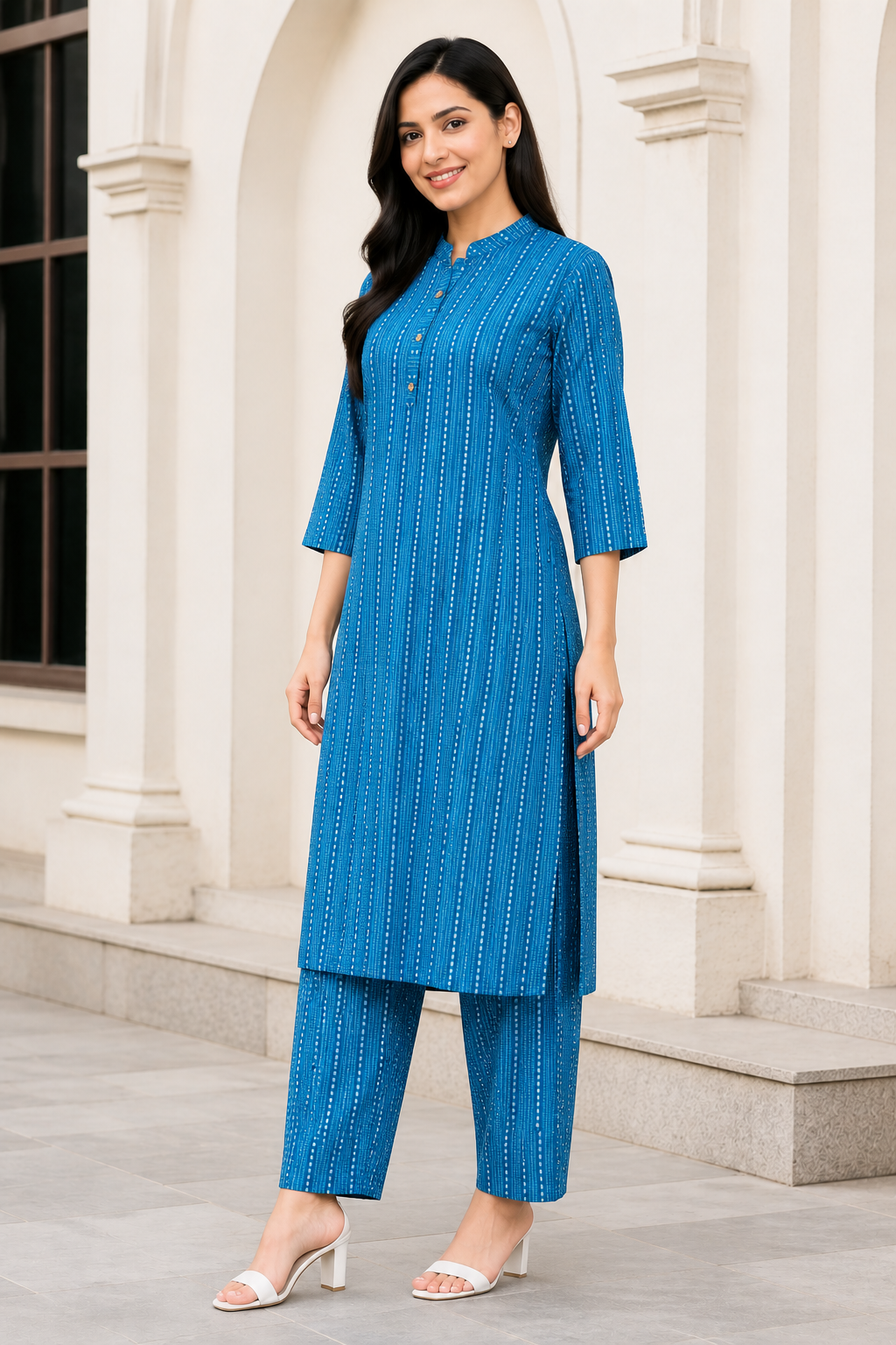 Women's Beige Striped Kurta Pant Set -Blue