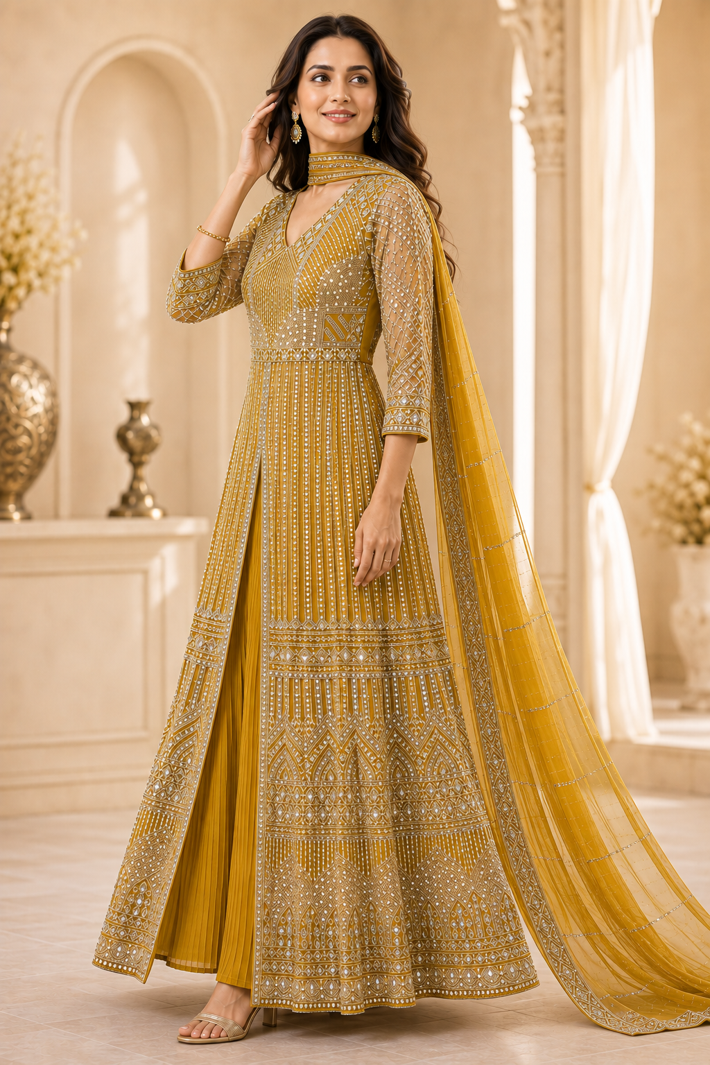 Yellow Mirror-Embroidered Anarkali Set with Dupatta