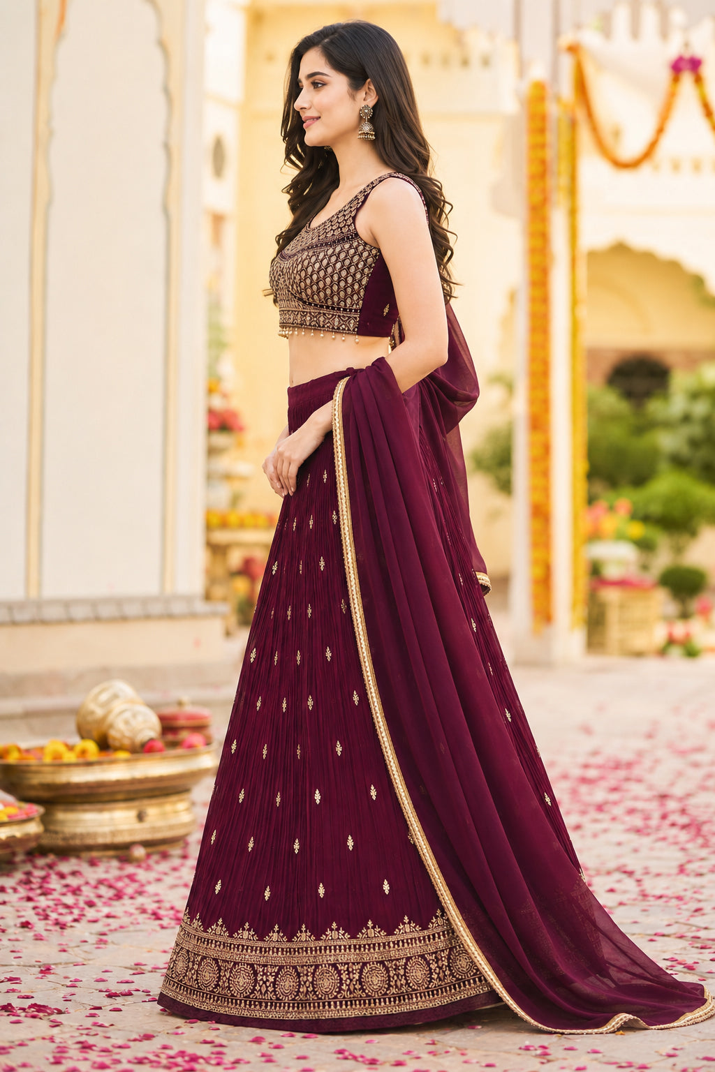 Burgandy Embroidered Festive Lehenga Choli Set with Dupatta