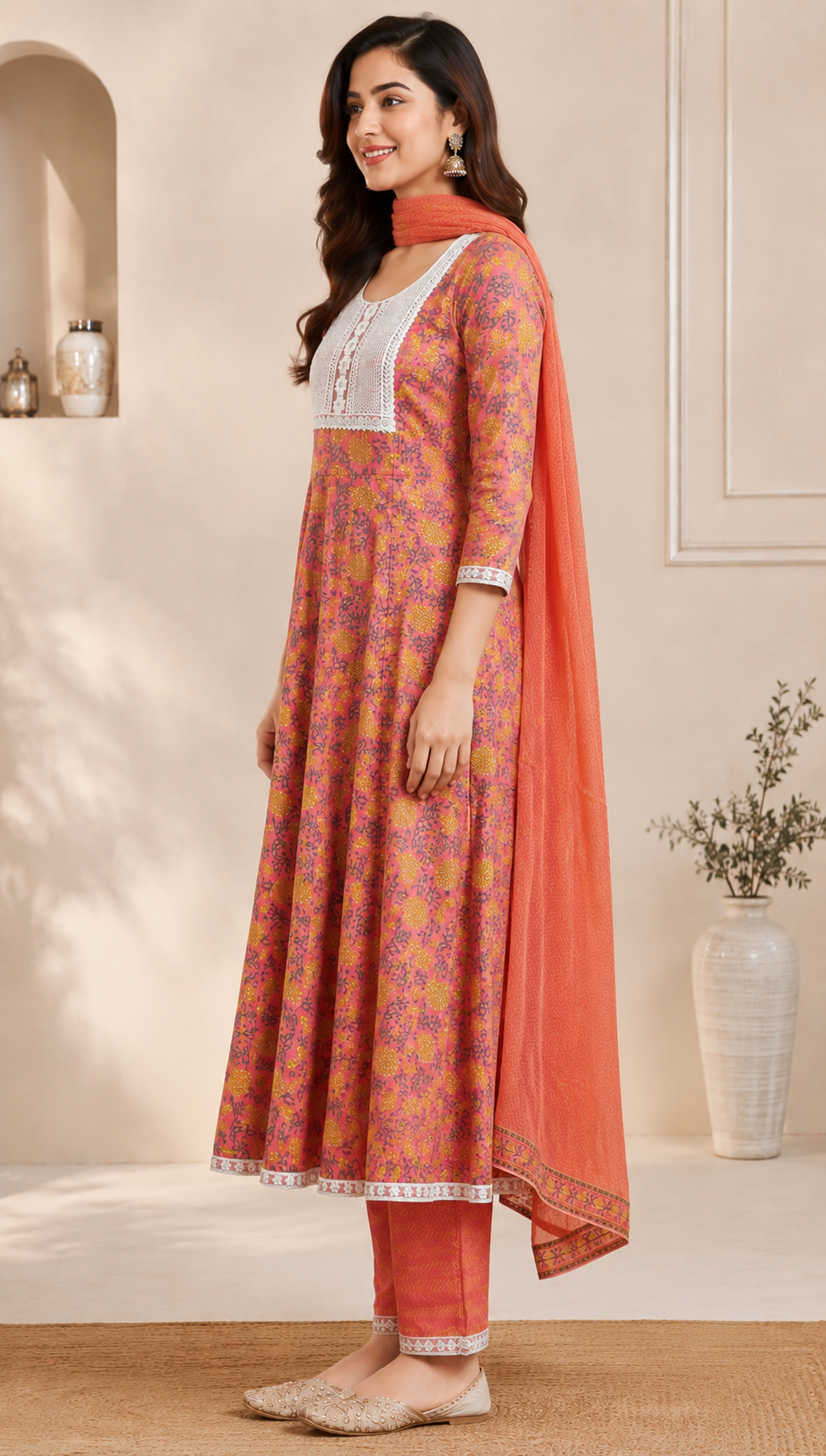 Coral Pink Floral Anarkali Kurti Set