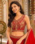 Red Gold Embroidered Lehenga Choli Set with Dupatta