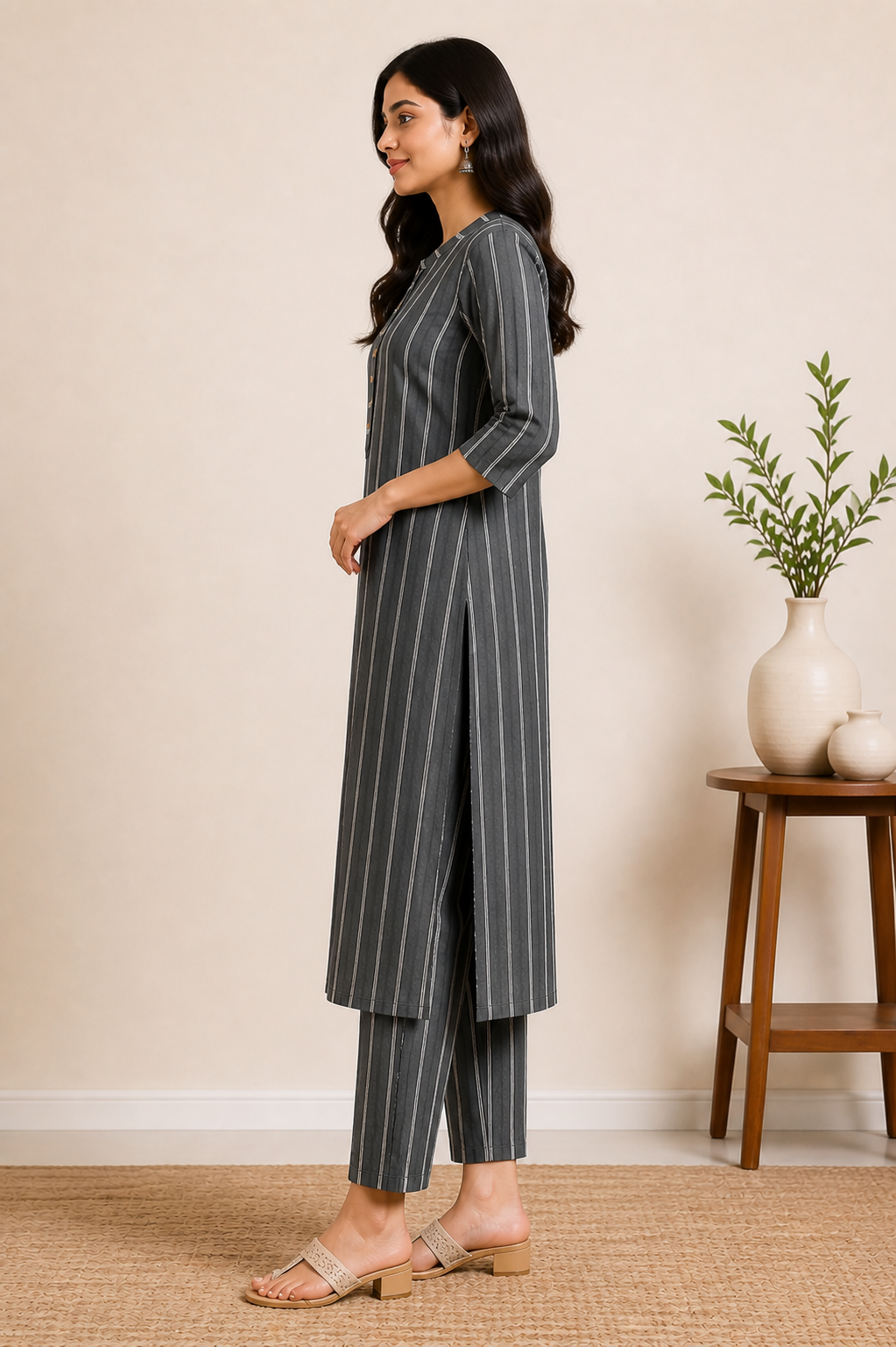 Women's Charcoal Grey Striped Kurta Pant Set