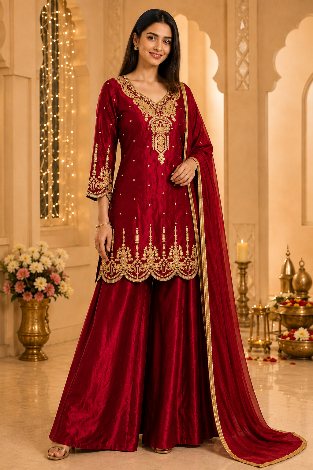 Ruby Red Gold Embroidered Kurta Sharara Set with Dupatta - M