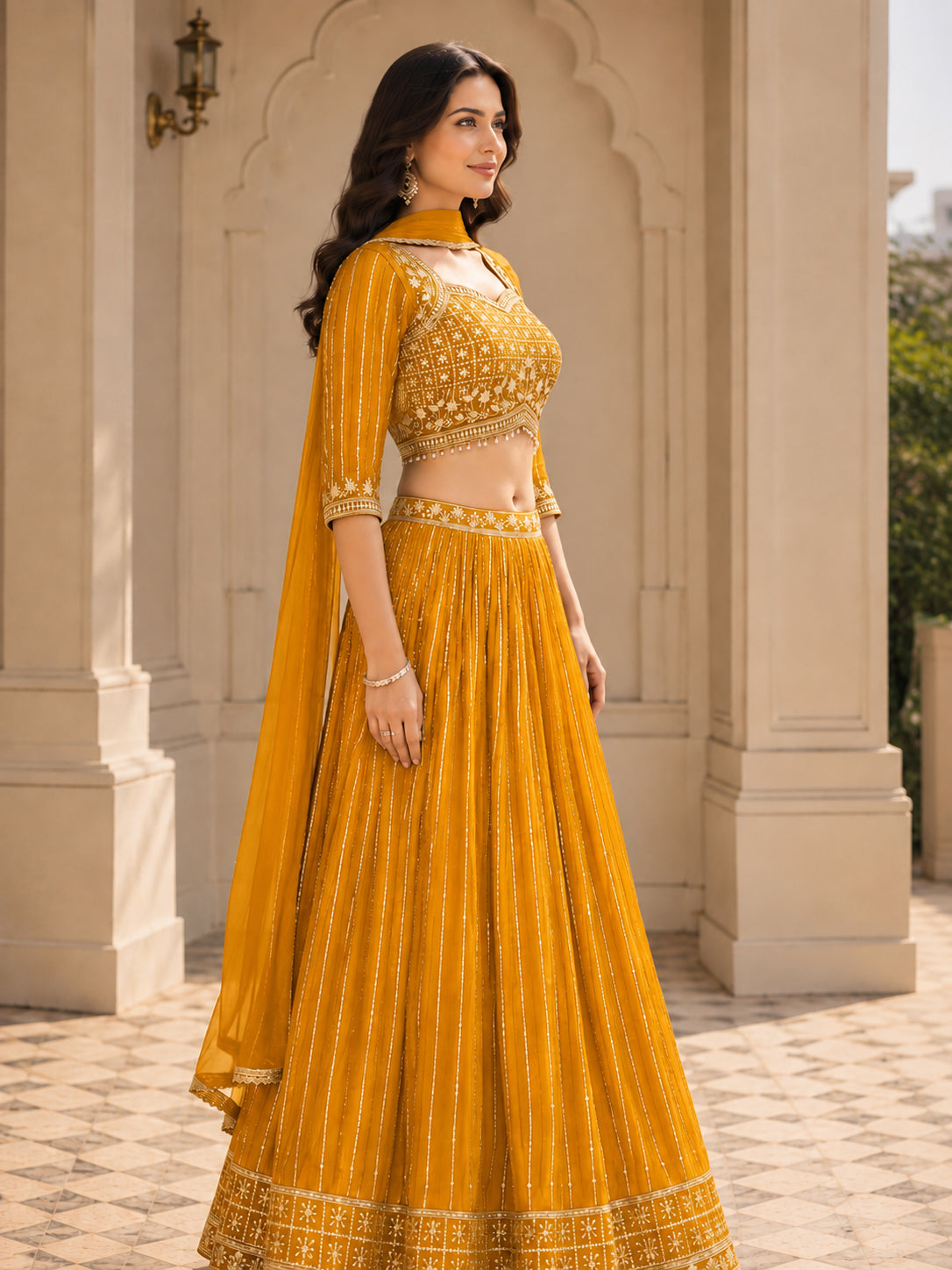 Embroidered Lehenga Choli Set with Dupatta - Yellow