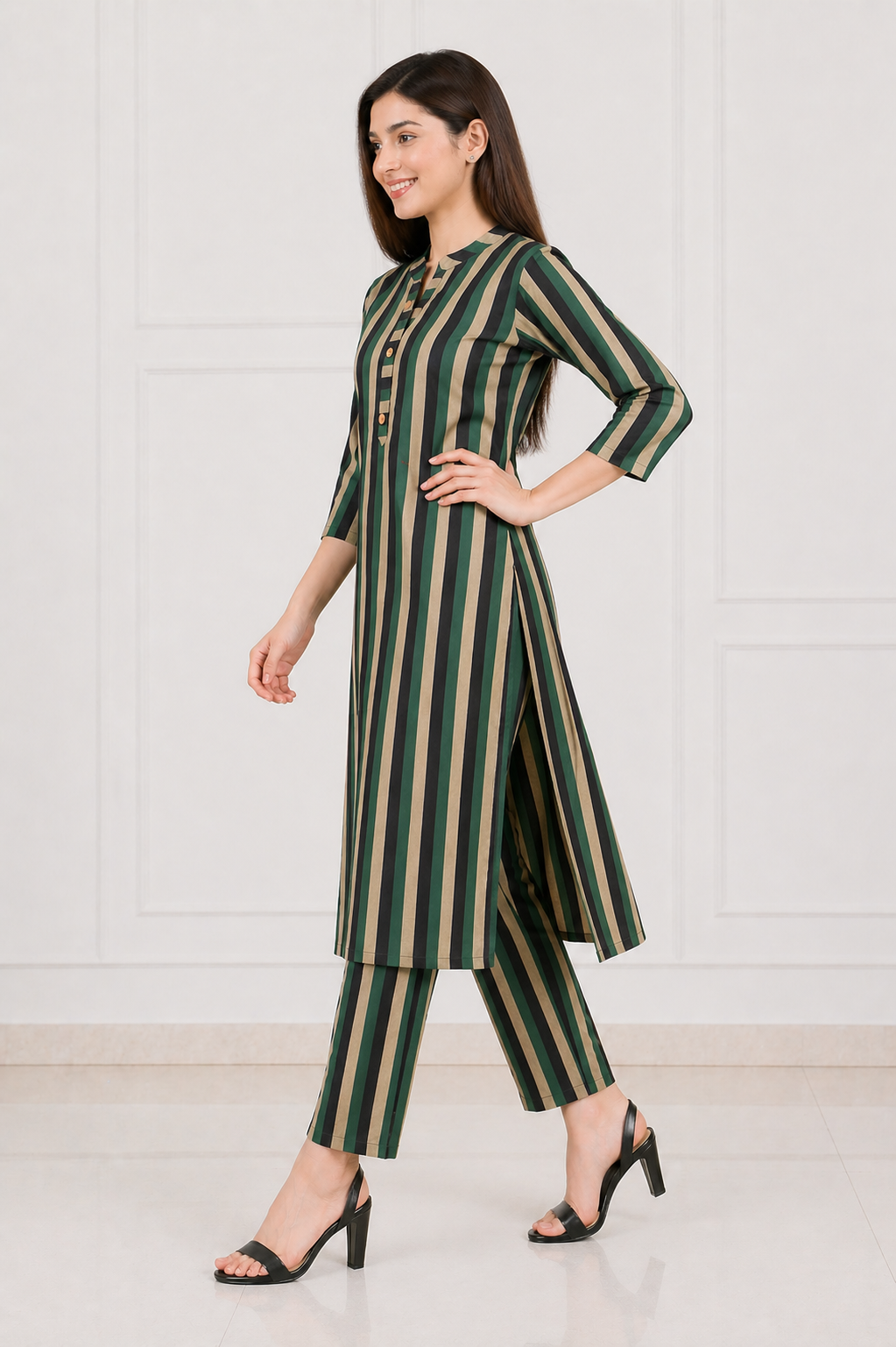 Women's Green & Beige Striped Kurta Pant Co-Ord Set