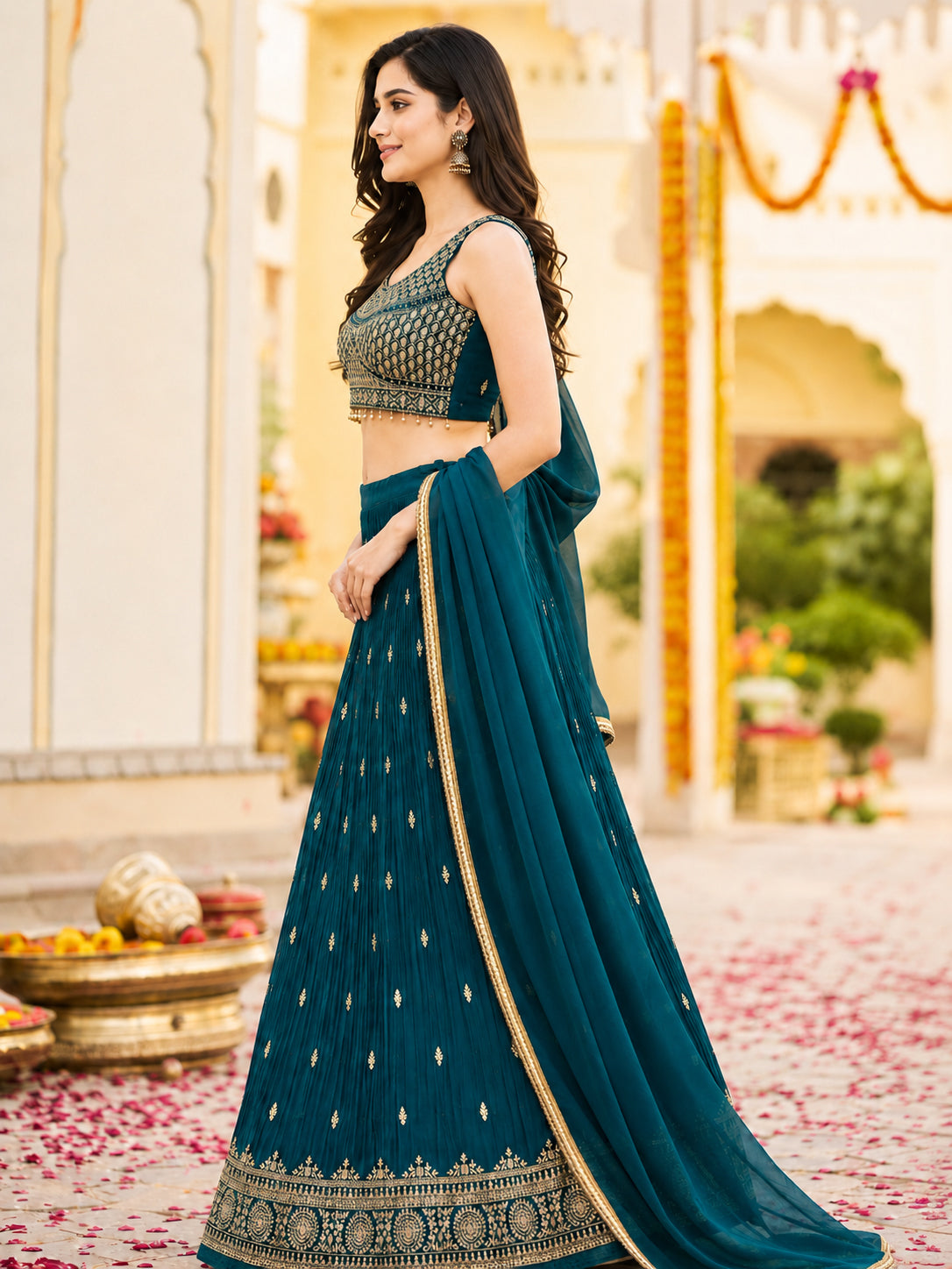 Teal Blue Embroidered Festive Lehenga Choli Set with Dupatta