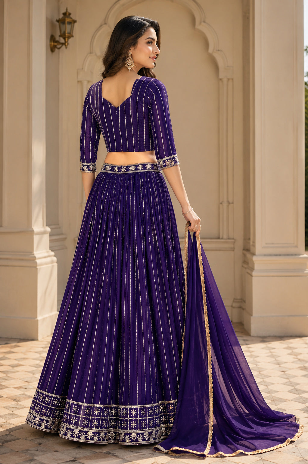 Embroidered Lehenga Choli Set with Dupatta - Violet