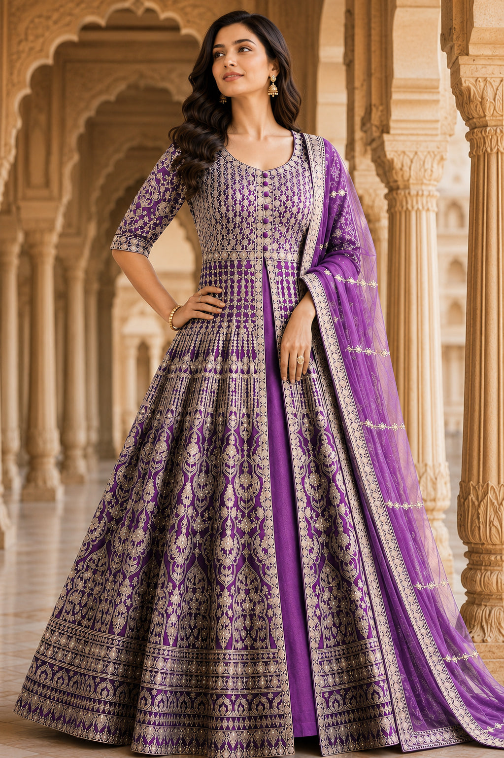 Violet Gold Embroidered Anarkali Set with Dupatta