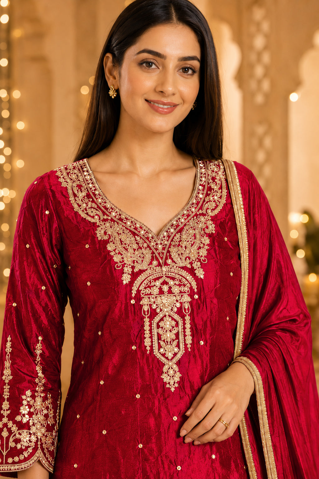 Ruby Red Gold Embroidered Kurta Sharara Set with Dupatta - M