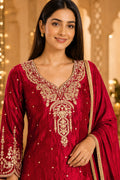 Ruby Red Gold Embroidered Kurta Sharara Set with Dupatta - M