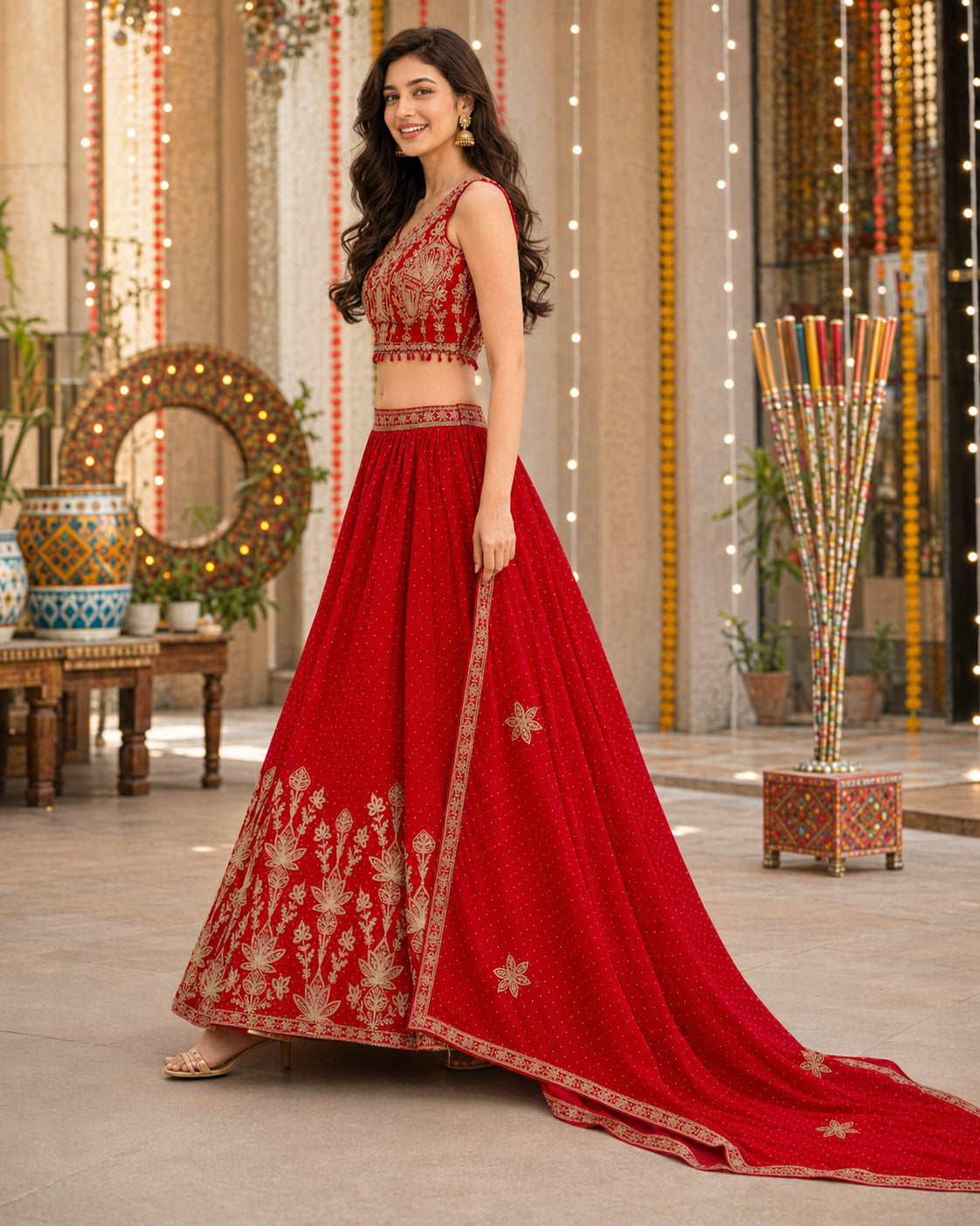Red Gold Embroidered Lehenga Choli Set with Dupatta