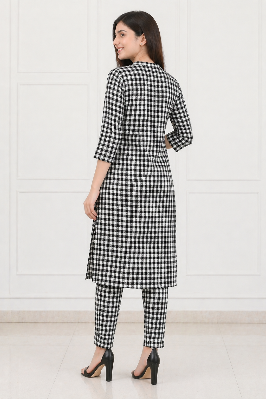 Women's Black & White Checked Kurta Pant Co-Ord Set