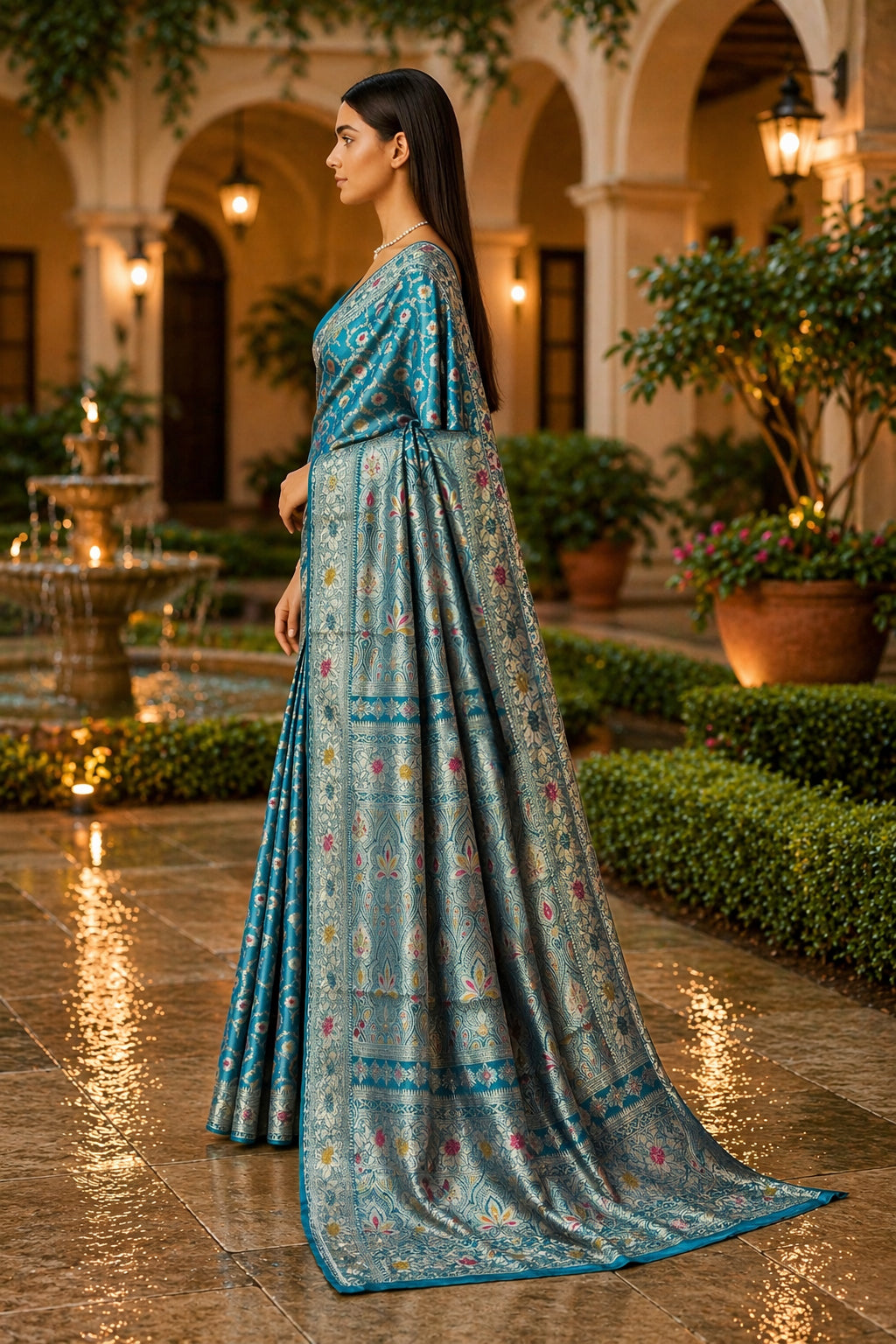 Teal Blue Minakari Banarasi Silk Saree