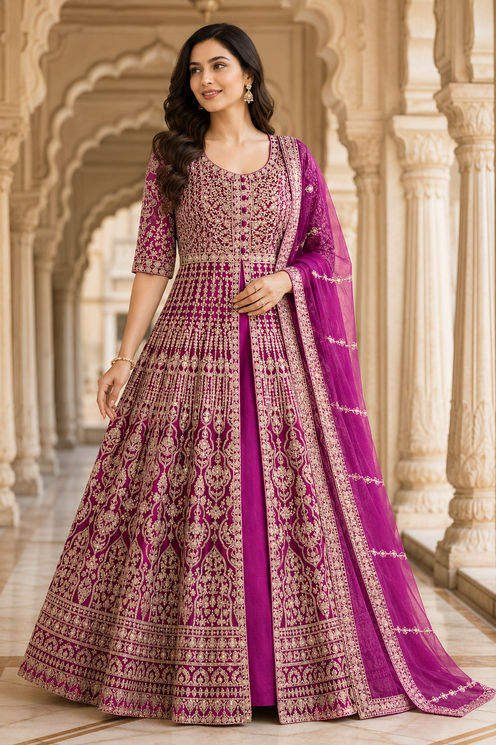 Magenta Gold Embroidered Anarkali Set with Dupatta
