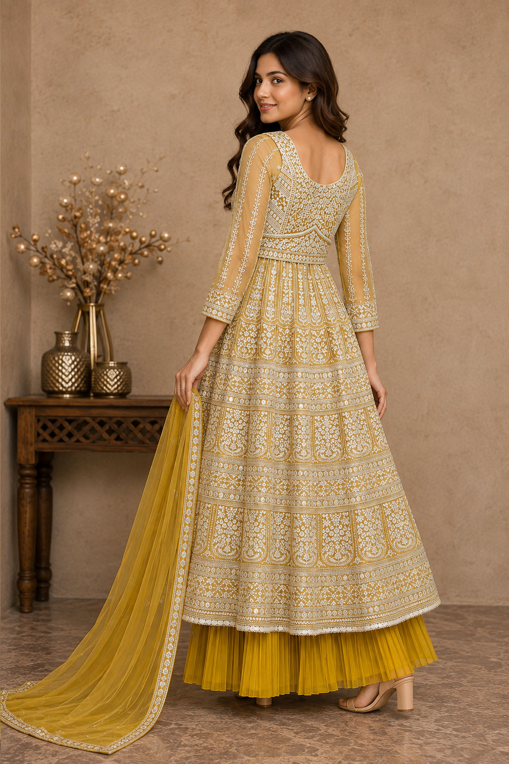 Yellow Embroidered Anarkali Kurta Set with Pleated Skirt & Organza Dupatta