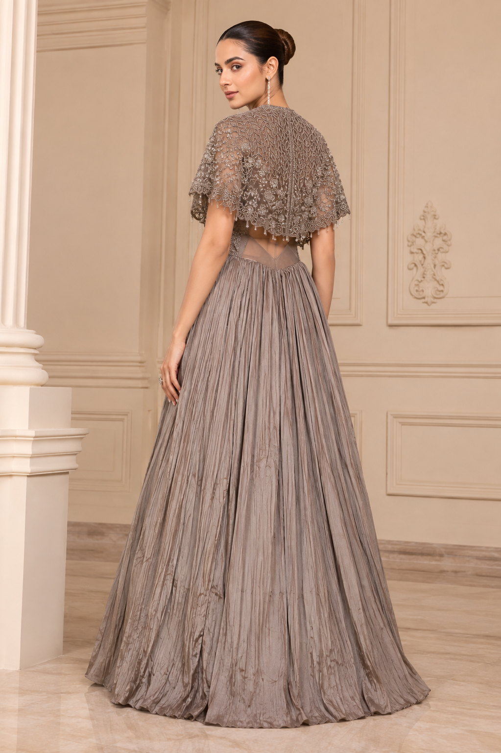 Taupe Grey Embellished Cape Style Party Gown