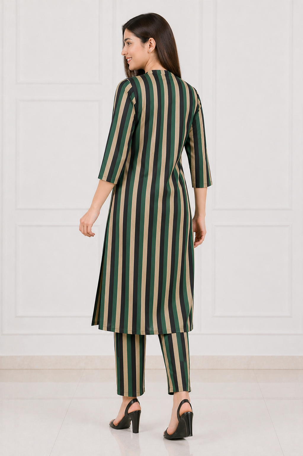 Women's Green & Beige Striped Kurta Pant Co-Ord Set
