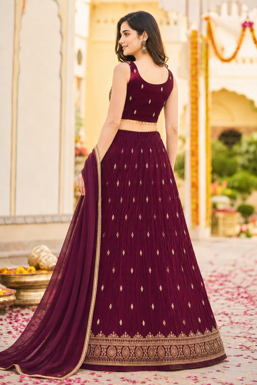 Burgandy Embroidered Festive Lehenga Choli Set with Dupatta