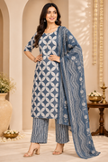 Women's White & Grey Printed Kurta Pant & Dupatta Set