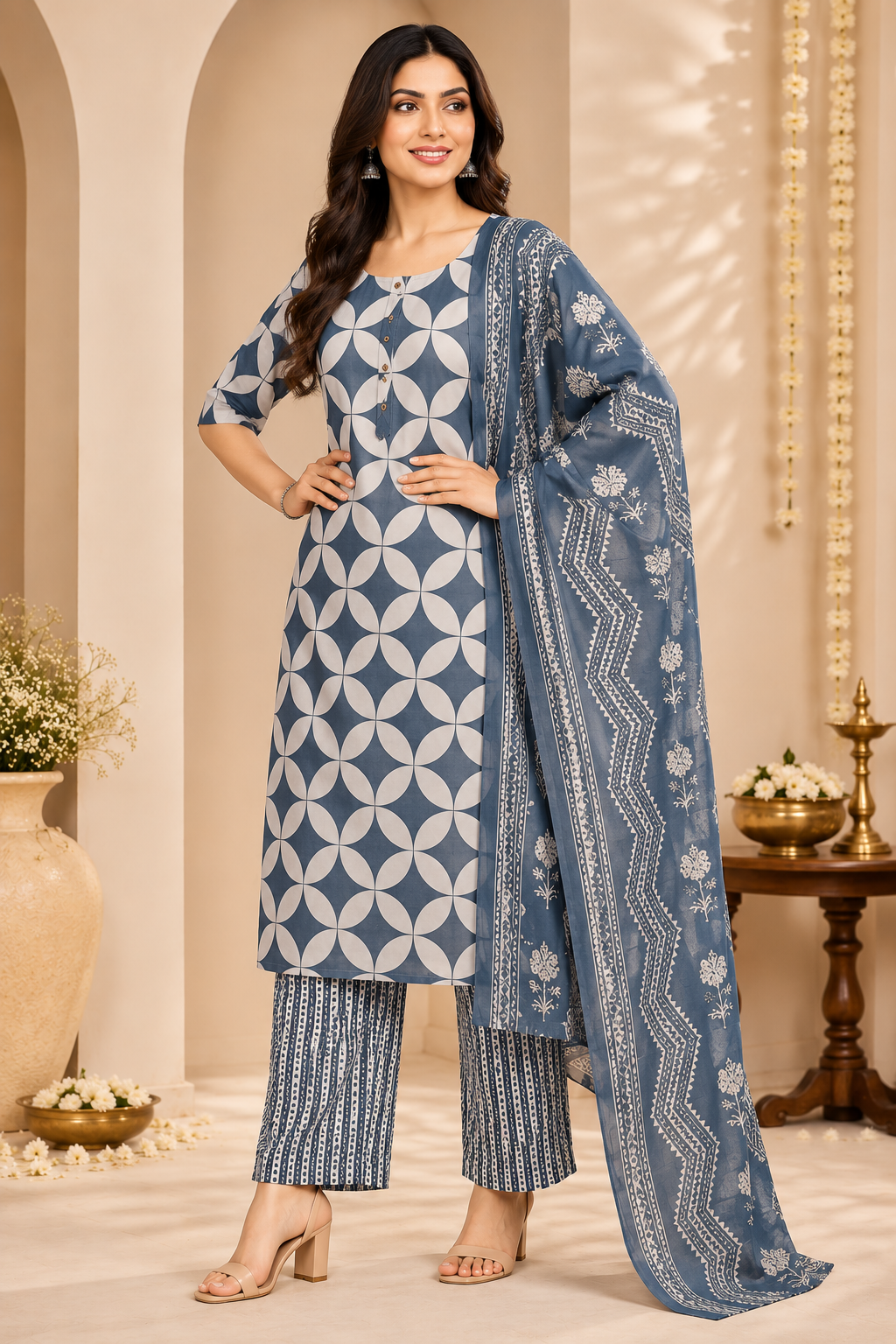Women's White & Grey Printed Kurta Pant & Dupatta Set