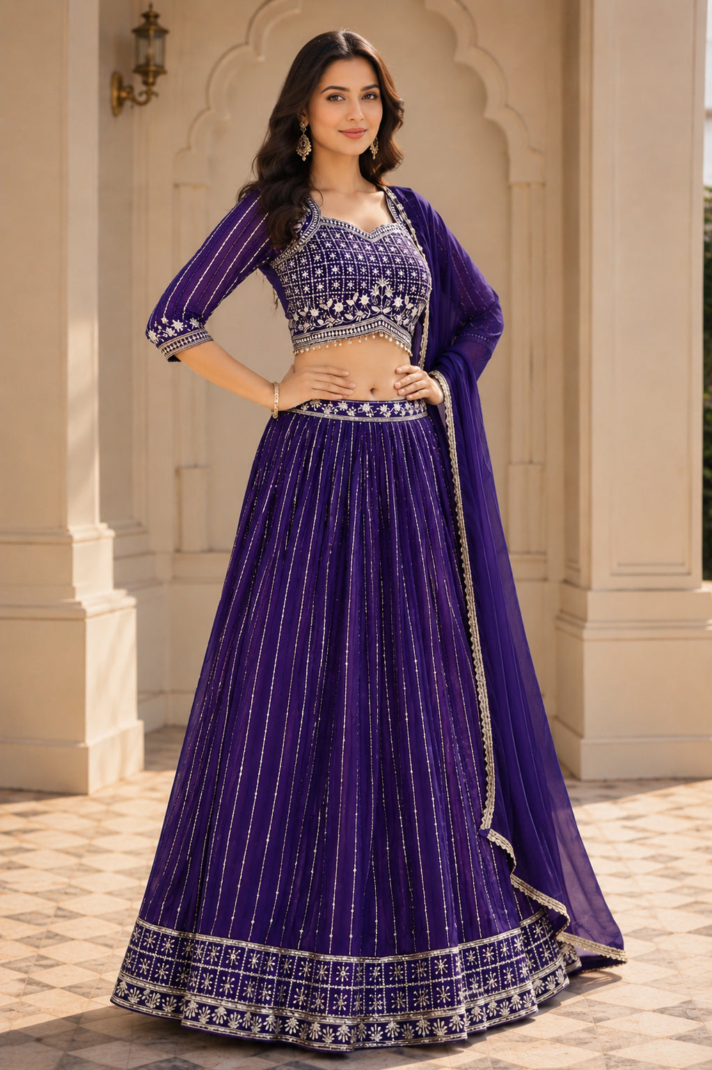 Embroidered Lehenga Choli Set with Dupatta - Violet