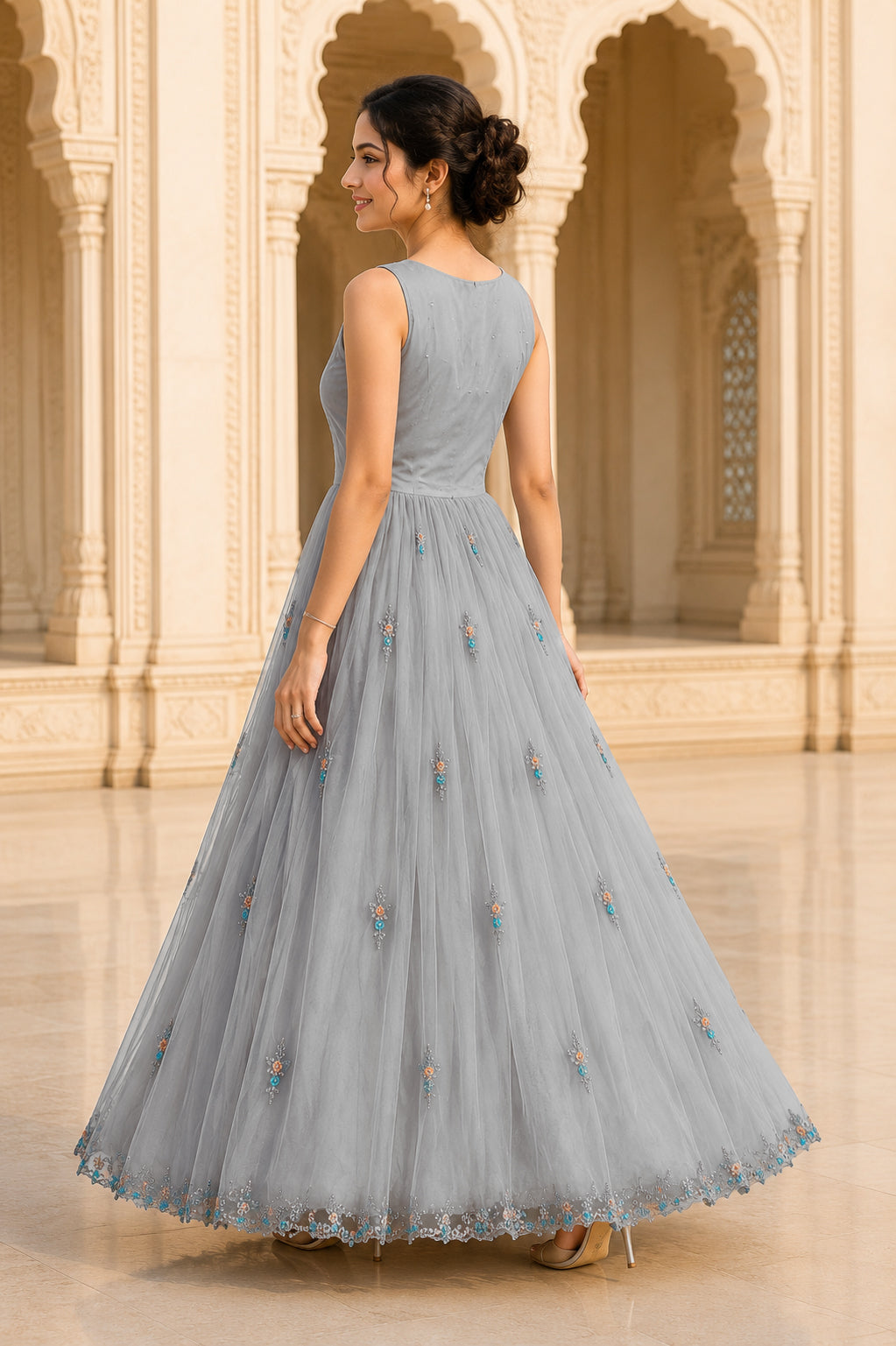 Silver Grey Embellished Net Gown