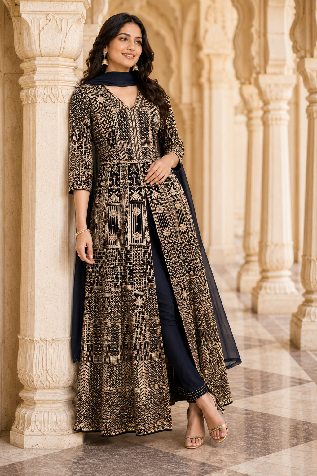 Navy & Antique Gold Embroidered Jacket Kurta Set with Dupatta