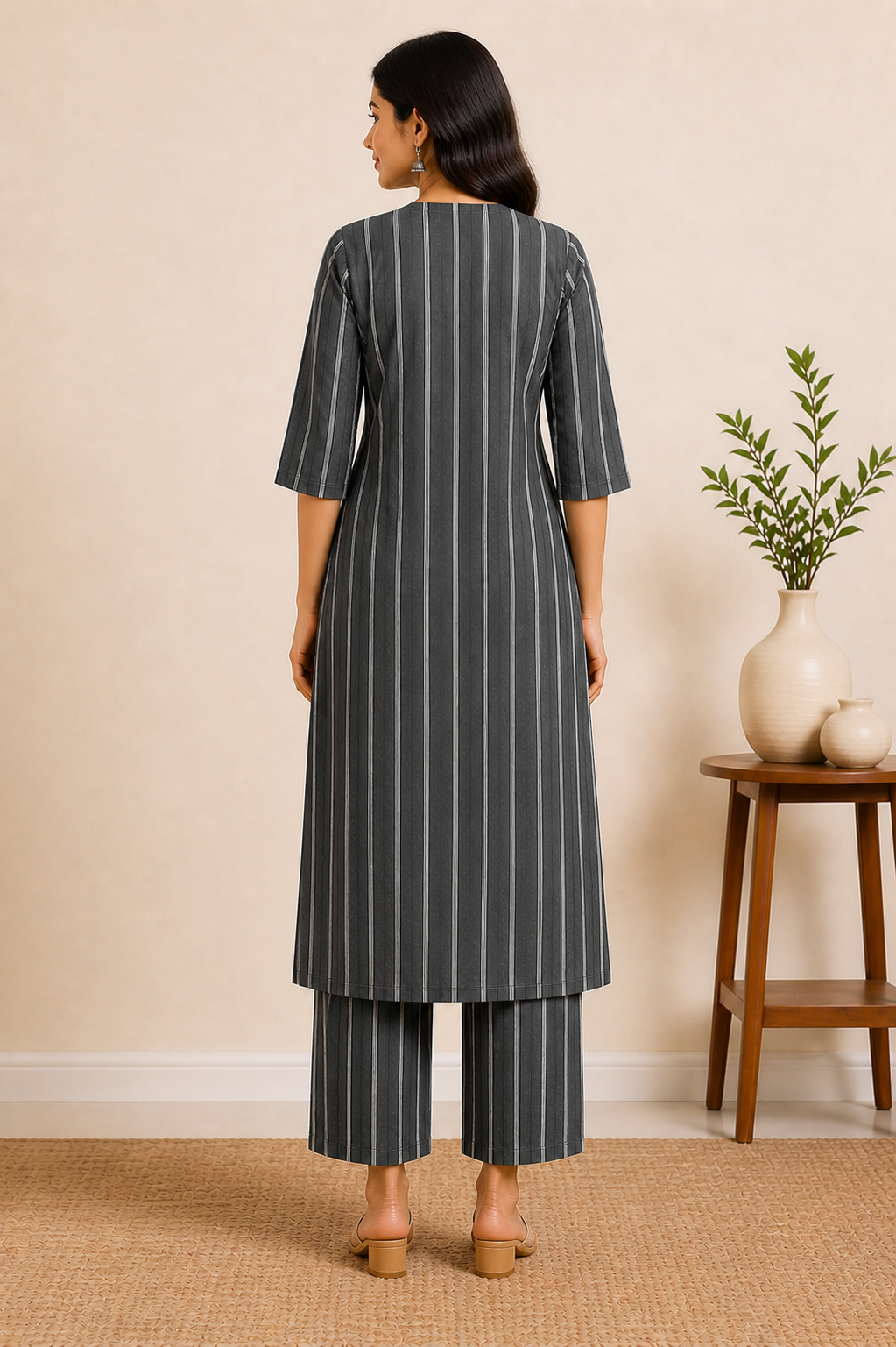 Women's Charcoal Grey Striped Kurta Pant Set