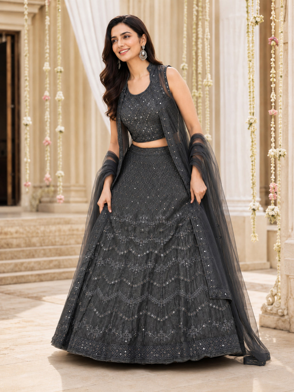 Charcoal Grey Embroidered Net Lehenga Choli Set with Dupatta