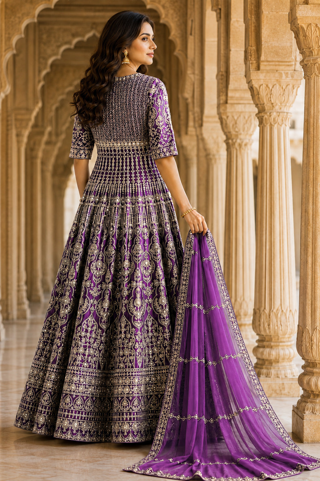 Violet Gold Embroidered Anarkali Set with Dupatta