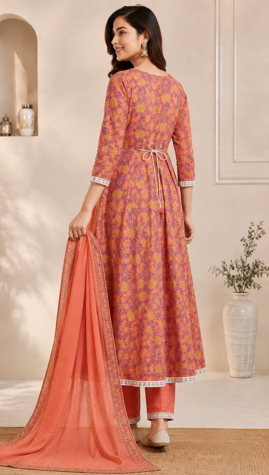 Coral Pink Floral Anarkali Kurti Set