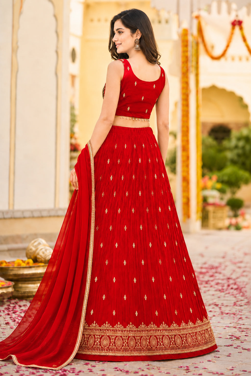 Red & Gold Embroidered Festive Lehenga Choli Set with Dupatta