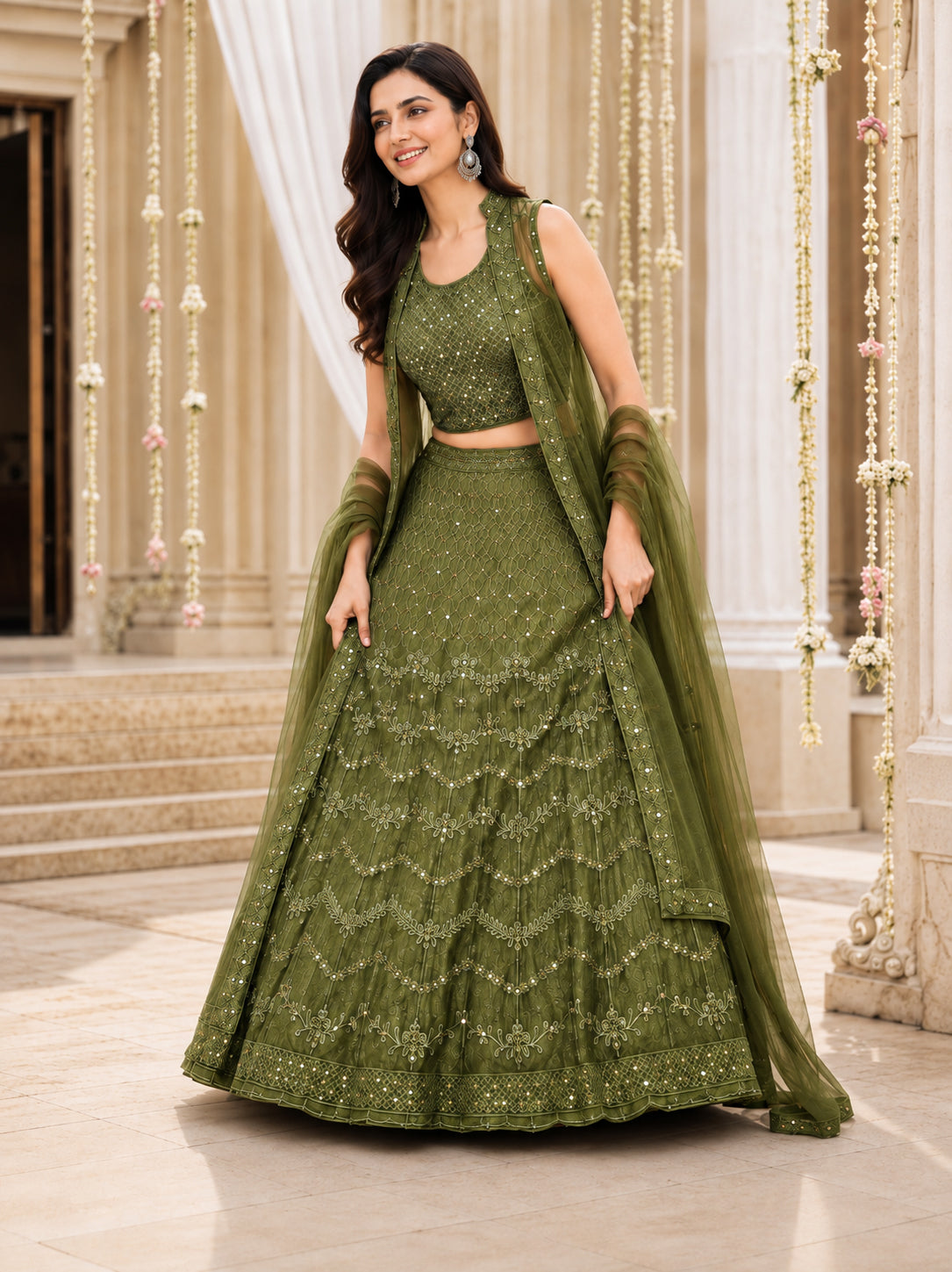 Green Embroidered Net Lehenga Choli Set with Dupatta