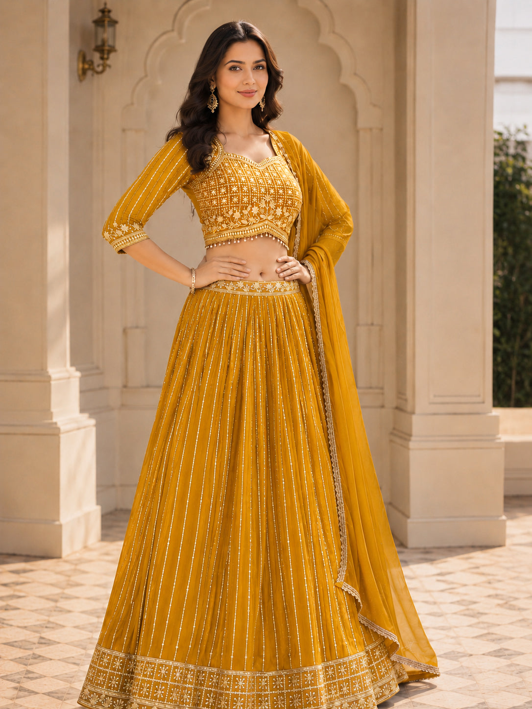 Embroidered Lehenga Choli Set with Dupatta - Yellow
