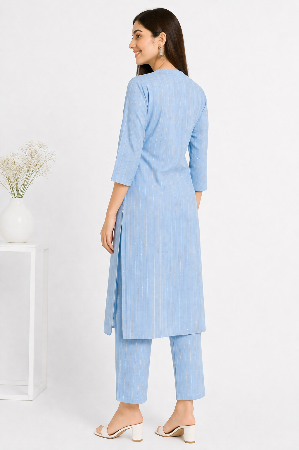Women's Sky Blue Striped Kurta Pant Set