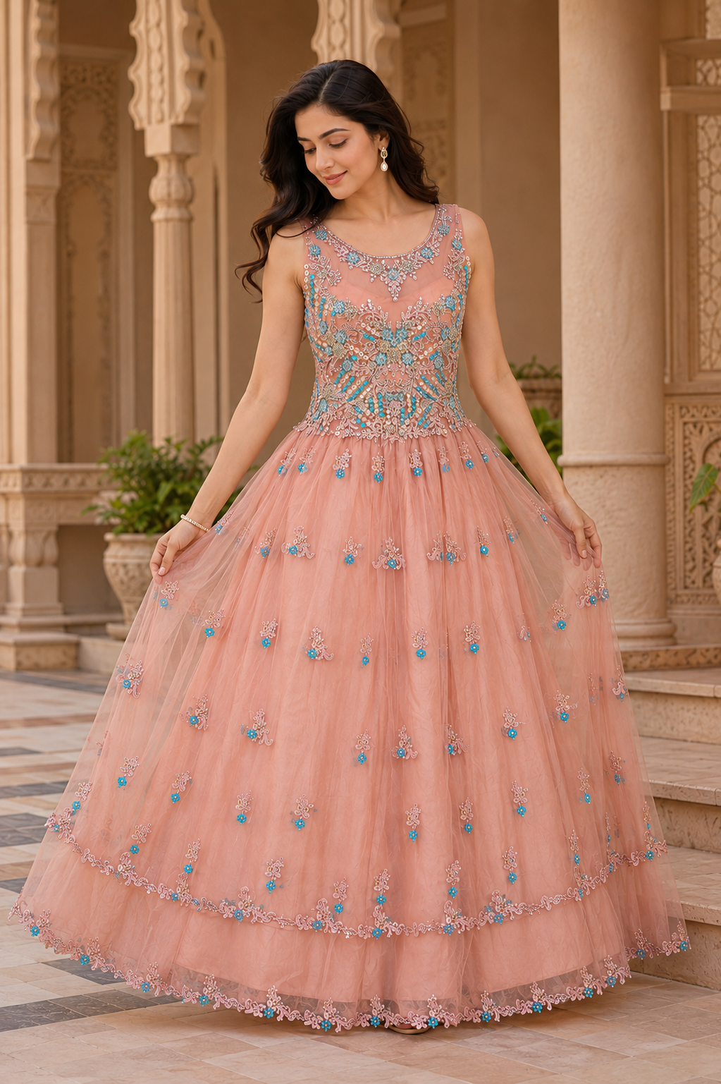 Blush Peach Embellished Net Gown