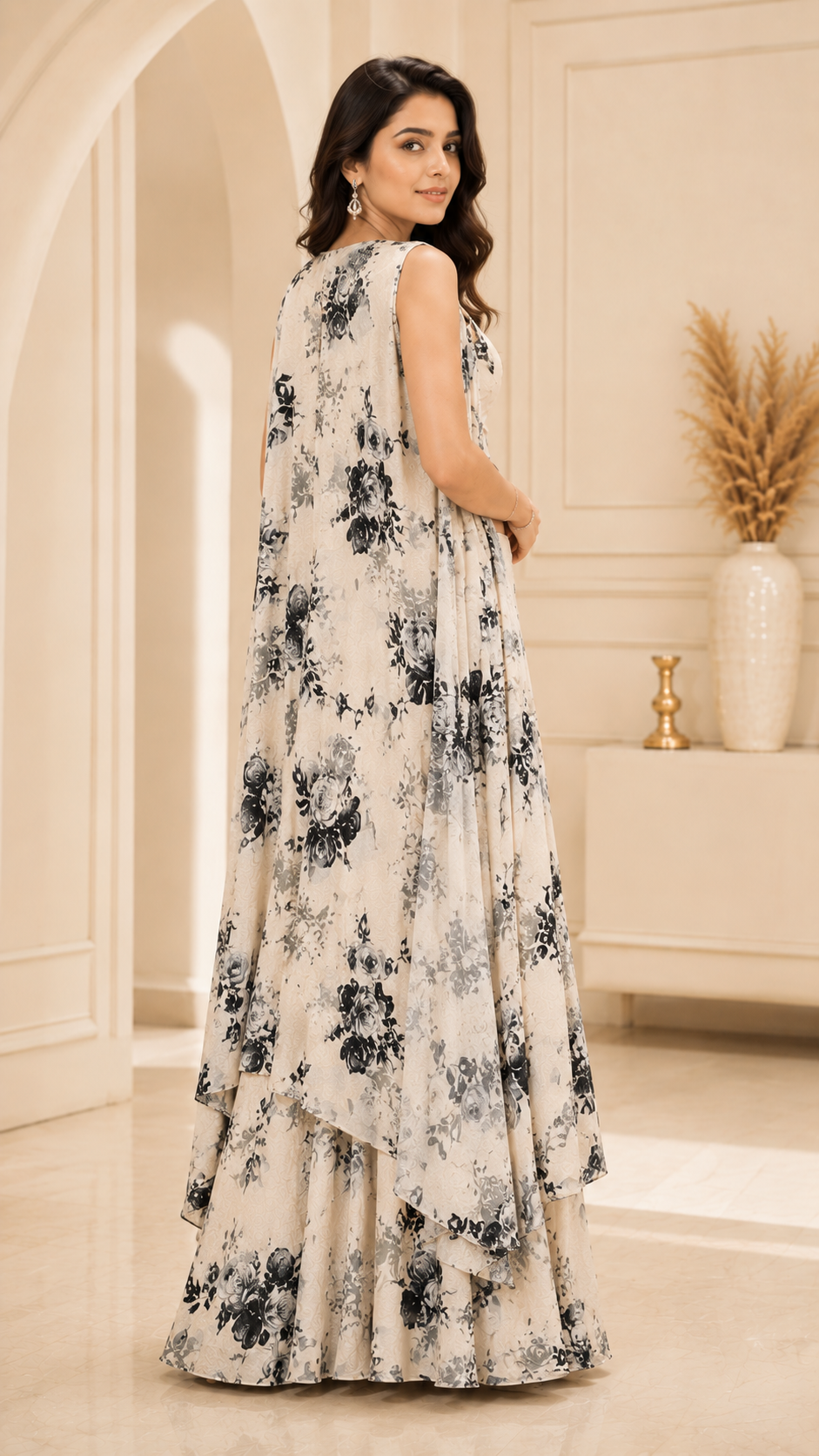Ivory Floral Printed Crop Top & Palazzo Set with Cape